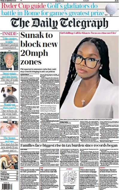 The Daily Telegraph Newspaper Front Page for 29 September 2023
