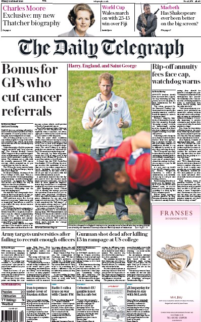 The Daily Telegraph Newspaper Front Page for 2 October 2015