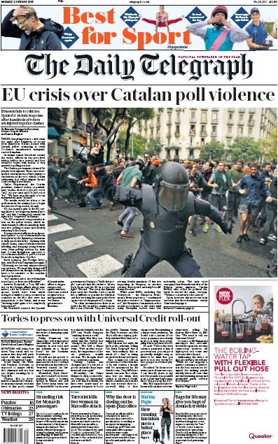 The Daily Telegraph (UK) Newspaper Front Page for 2 October 2017
