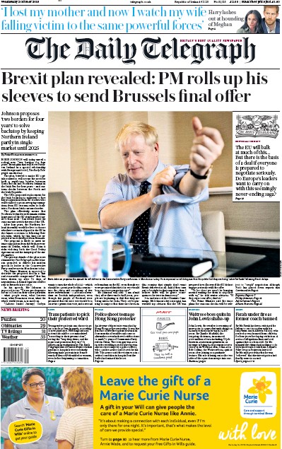 The Daily Telegraph Newspaper Front Page for 2 October 2019