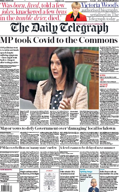 The Daily Telegraph Newspaper Front Page for 2 October 2020