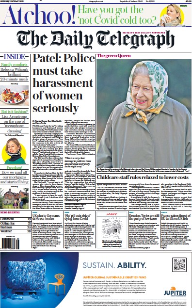 The Daily Telegraph (UK) Newspaper Front Page for 2 October 2021