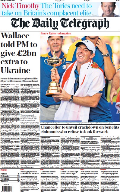 The Daily Telegraph (UK) Newspaper Front Page for 2 October 2023