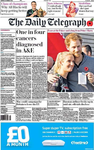The Daily Telegraph Newspaper Front Page for 2 November 2015