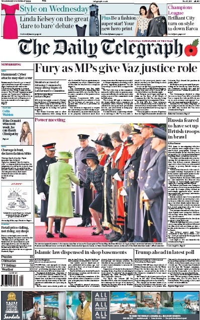 The Daily Telegraph Newspaper Front Page for 2 November 2016