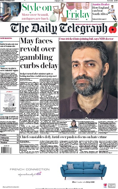 The Daily Telegraph Newspaper Front Page for 2 November 2018