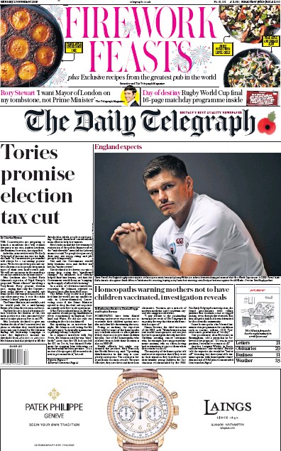 The Daily Telegraph (UK) Newspaper Front Page for 2 November 2019