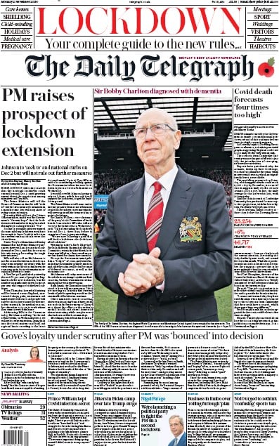 The Daily Telegraph Newspaper Front Page for 2 November 2020