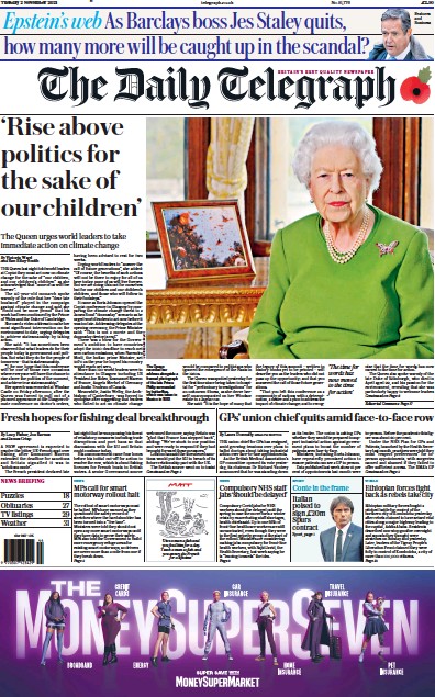 The Daily Telegraph (UK) Newspaper Front Page for 2 November 2021