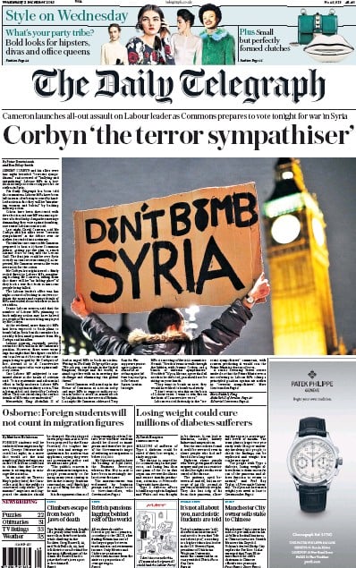 The Daily Telegraph Newspaper Front Page for 2 December 2015