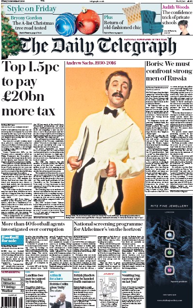 The Daily Telegraph Newspaper Front Page for 2 December 2016
