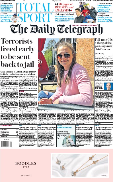 The Daily Telegraph Newspaper Front Page for 2 December 2019