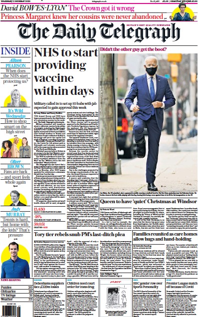 The Daily Telegraph Newspaper Front Page for 2 December 2020