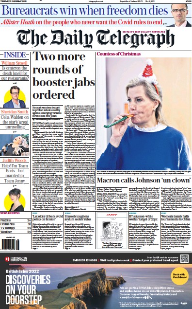 The Daily Telegraph (UK) Newspaper Front Page for 2 December 2021