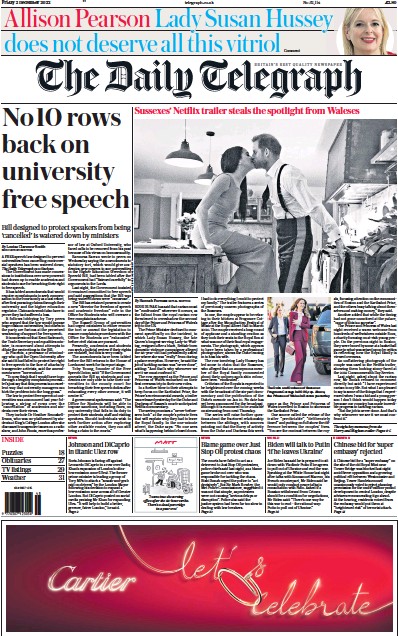 The Daily Telegraph (UK) Newspaper Front Page for 2 December 2022