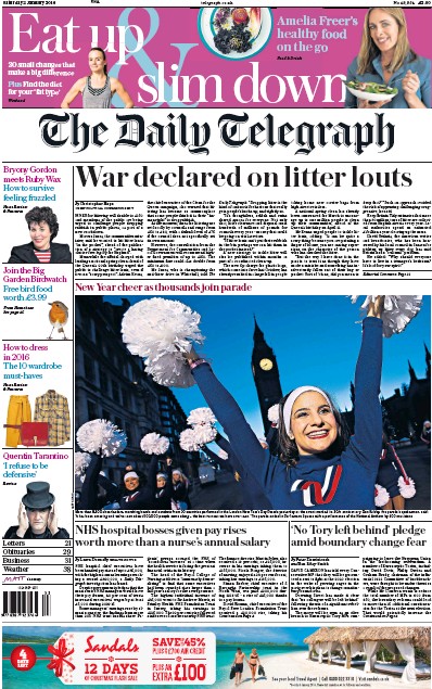 The Daily Telegraph Newspaper Front Page for 2 January 2016