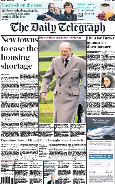 The Daily Telegraph Newspaper Front Page for 2 January 2017