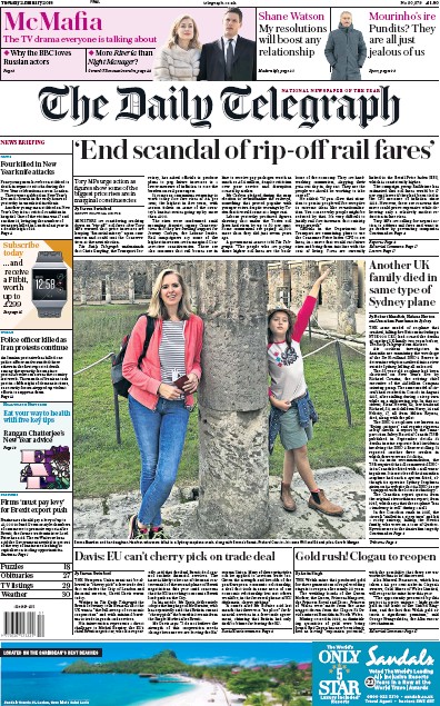 The Daily Telegraph Newspaper Front Page for 2 January 2018