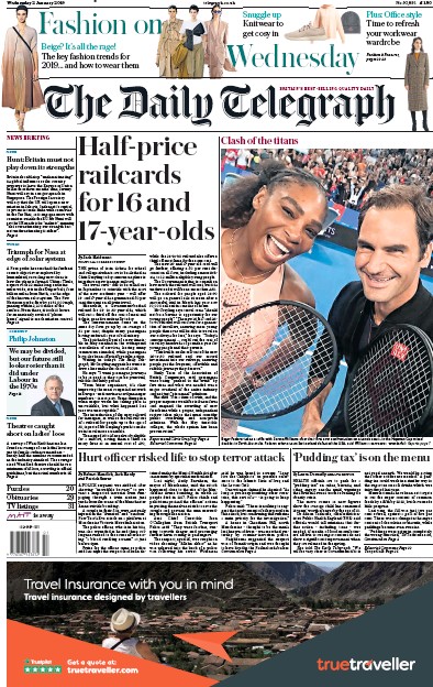 The Daily Telegraph Newspaper Front Page for 2 January 2019