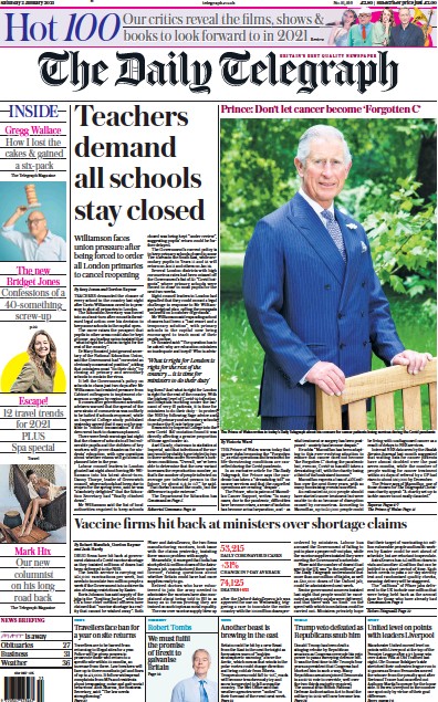The Daily Telegraph (UK) Newspaper Front Page for 2 January 2021