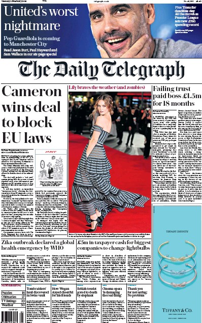 The Daily Telegraph (UK) Newspaper Front Page for 2 February 2016