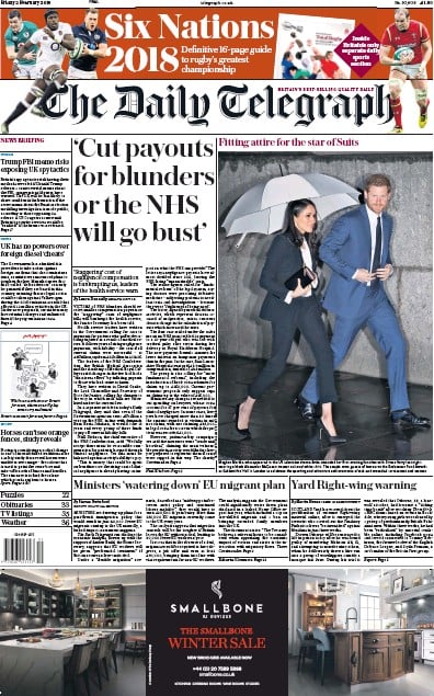 The Daily Telegraph Newspaper Front Page for 2 February 2018