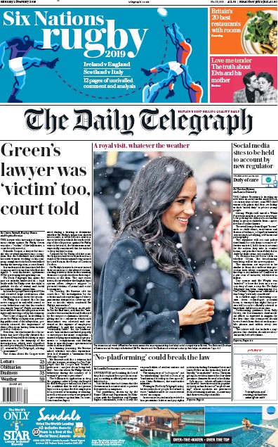 The Daily Telegraph Newspaper Front Page for 2 February 2019