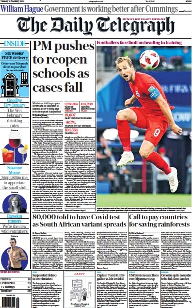 The Daily Telegraph (UK) Newspaper Front Page for 2 February 2021