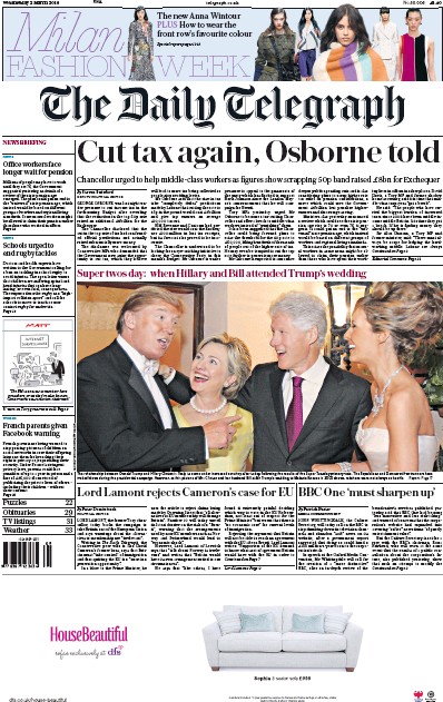 The Daily Telegraph Newspaper Front Page for 2 March 2016