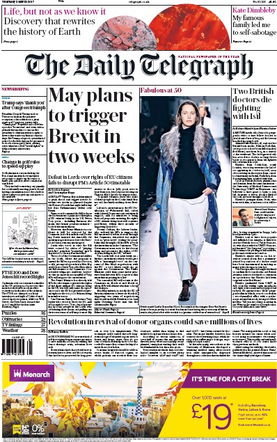 The Daily Telegraph Newspaper Front Page for 2 March 2017
