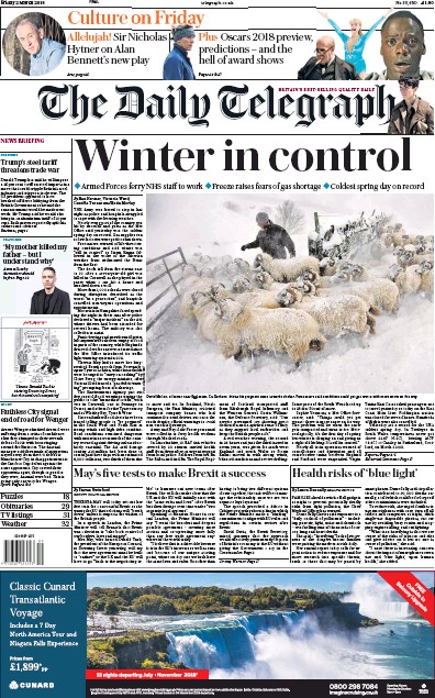The Daily Telegraph Newspaper Front Page for 2 March 2018
