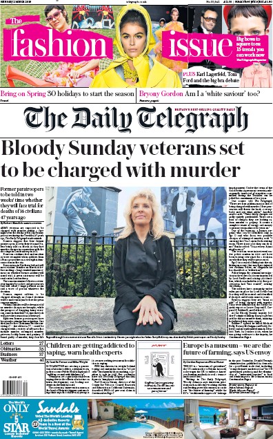 The Daily Telegraph Newspaper Front Page for 2 March 2019