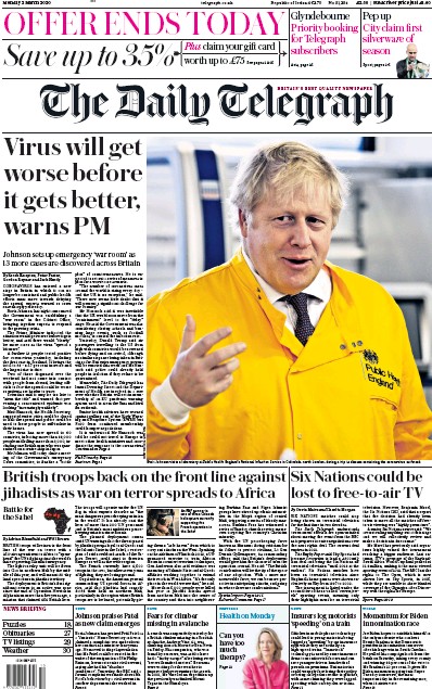 The Daily Telegraph Newspaper Front Page for 2 March 2020