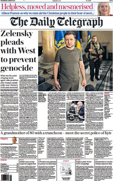 The Daily Telegraph (UK) Newspaper Front Page for 2 March 2022