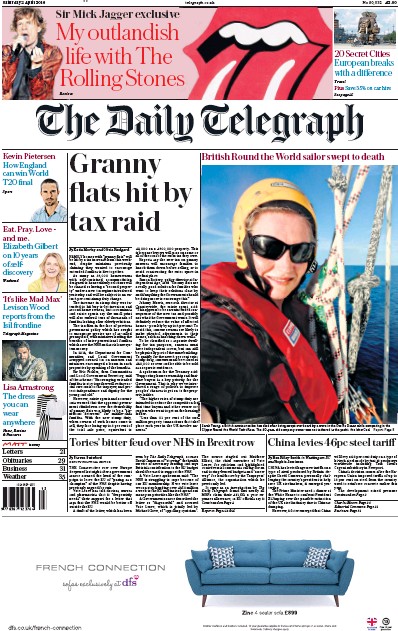 The Daily Telegraph Newspaper Front Page for 2 April 2016