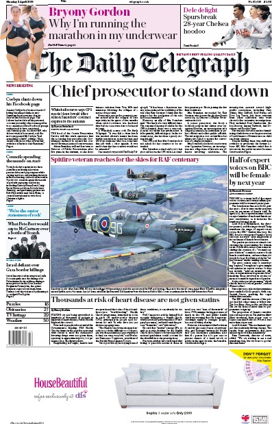 The Daily Telegraph Newspaper Front Page for 2 April 2018