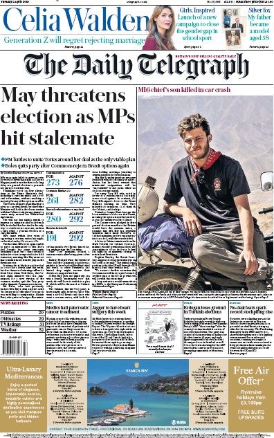 The Daily Telegraph Newspaper Front Page for 2 April 2019