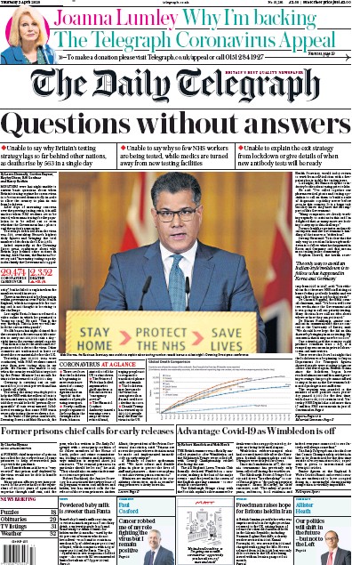 The Daily Telegraph Newspaper Front Page for 2 April 2020