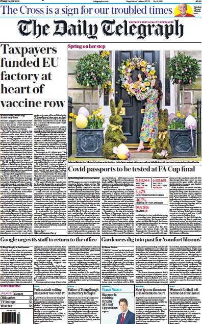 The Daily Telegraph (UK) Newspaper Front Page for 2 April 2021