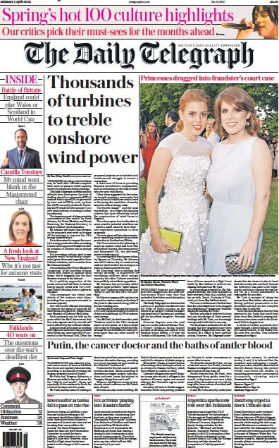 The Daily Telegraph Newspaper Front Page for 2 April 2022