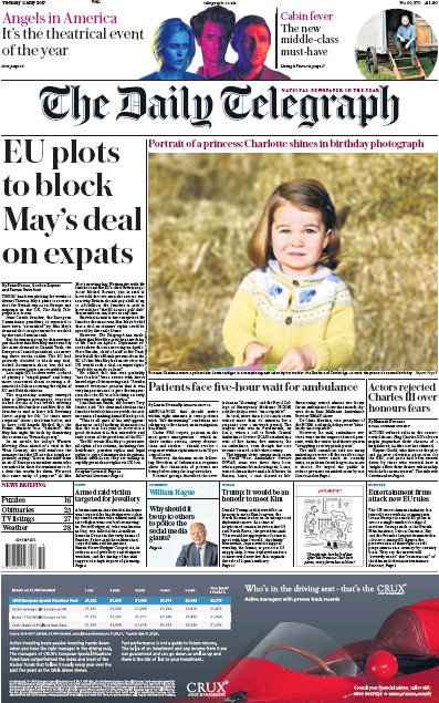 The Daily Telegraph Newspaper Front Page for 2 May 2017