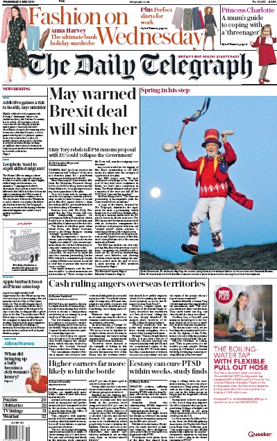 The Daily Telegraph Newspaper Front Page for 2 May 2018