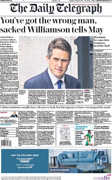 The Daily Telegraph Newspaper Front Page for 2 May 2019