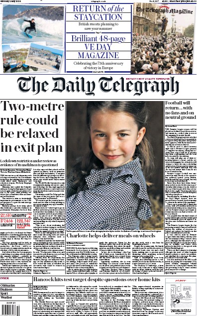 The Daily Telegraph Newspaper Front Page for 2 May 2020