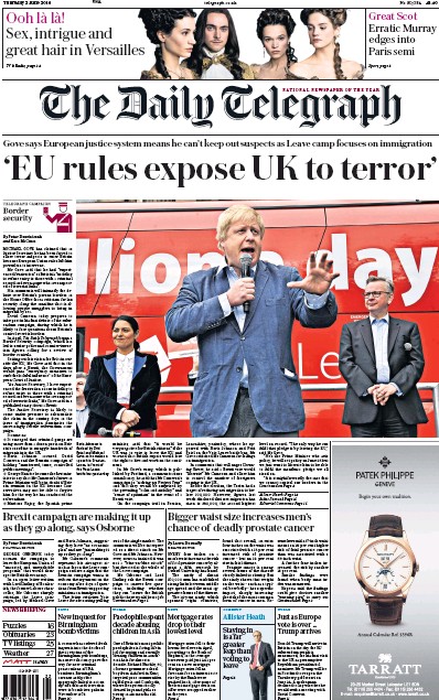 The Daily Telegraph Newspaper Front Page for 2 June 2016