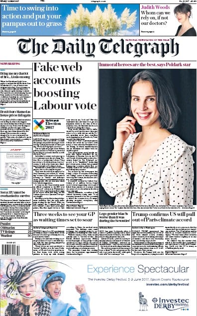 The Daily Telegraph (UK) Newspaper Front Page for 2 June 2017