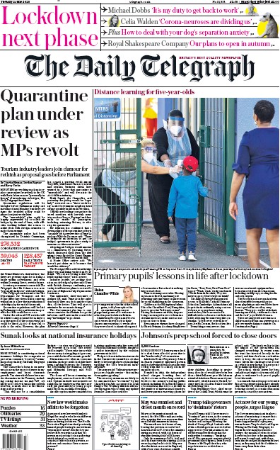 The Daily Telegraph Newspaper Front Page for 2 June 2020