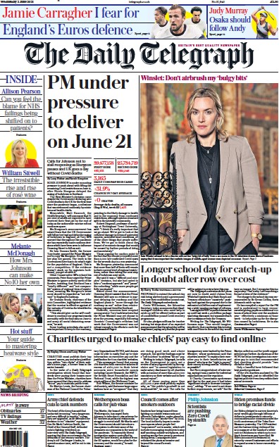 The Daily Telegraph Newspaper Front Page for 2 June 2021