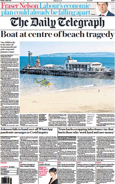 The Daily Telegraph (UK) Newspaper Front Page for 2 June 2023