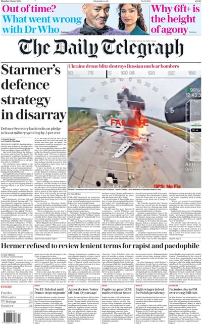 The Daily Telegraph (UK) Newspaper Front Page for 2 June 2025